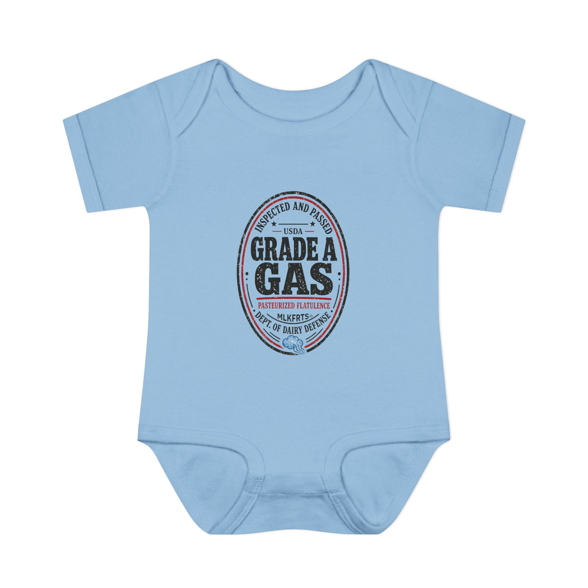 Light Blue baby bodysuit with an oval "Grade A Gas" inspection-seal print, front view