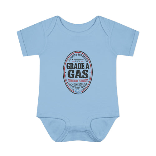 Light Blue baby bodysuit with an oval "Grade A Gas" inspection-seal print, front view