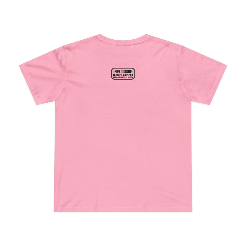 Bubblegum women's tee with the Field Issue patch reading MLKFRTS Supply Co., Peculiar Pastures County, on the upper back, back view