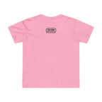 Bubblegum women's tee with the Field Issue patch reading MLKFRTS Supply Co., Peculiar Pastures County, on the upper back, back view