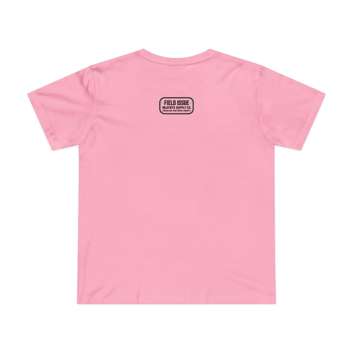 Bubblegum women's tee with the Field Issue patch reading MLKFRTS Supply Co., Peculiar Pastures County, on the upper back, back view