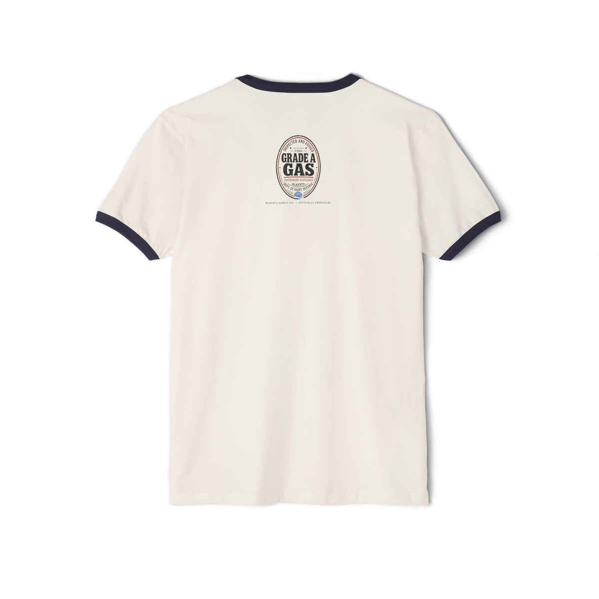 Natural/Midnight Navy ringer tee, back view with a small oval seal on the upper back