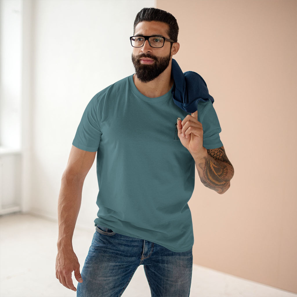 Man wearing the Stay Upwind Tee in slate blue, front: small left-chest elephant