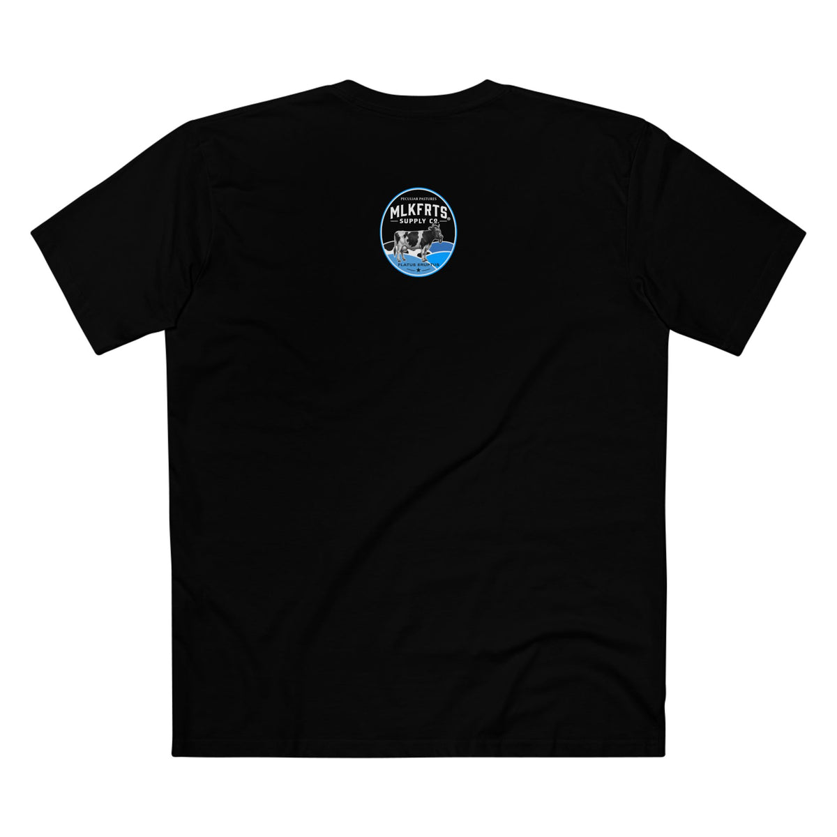 Back of the Black MLKFRTS Lil' Stinker Tee with the Flatus Eruptus gas-mask cow seal on the upper back