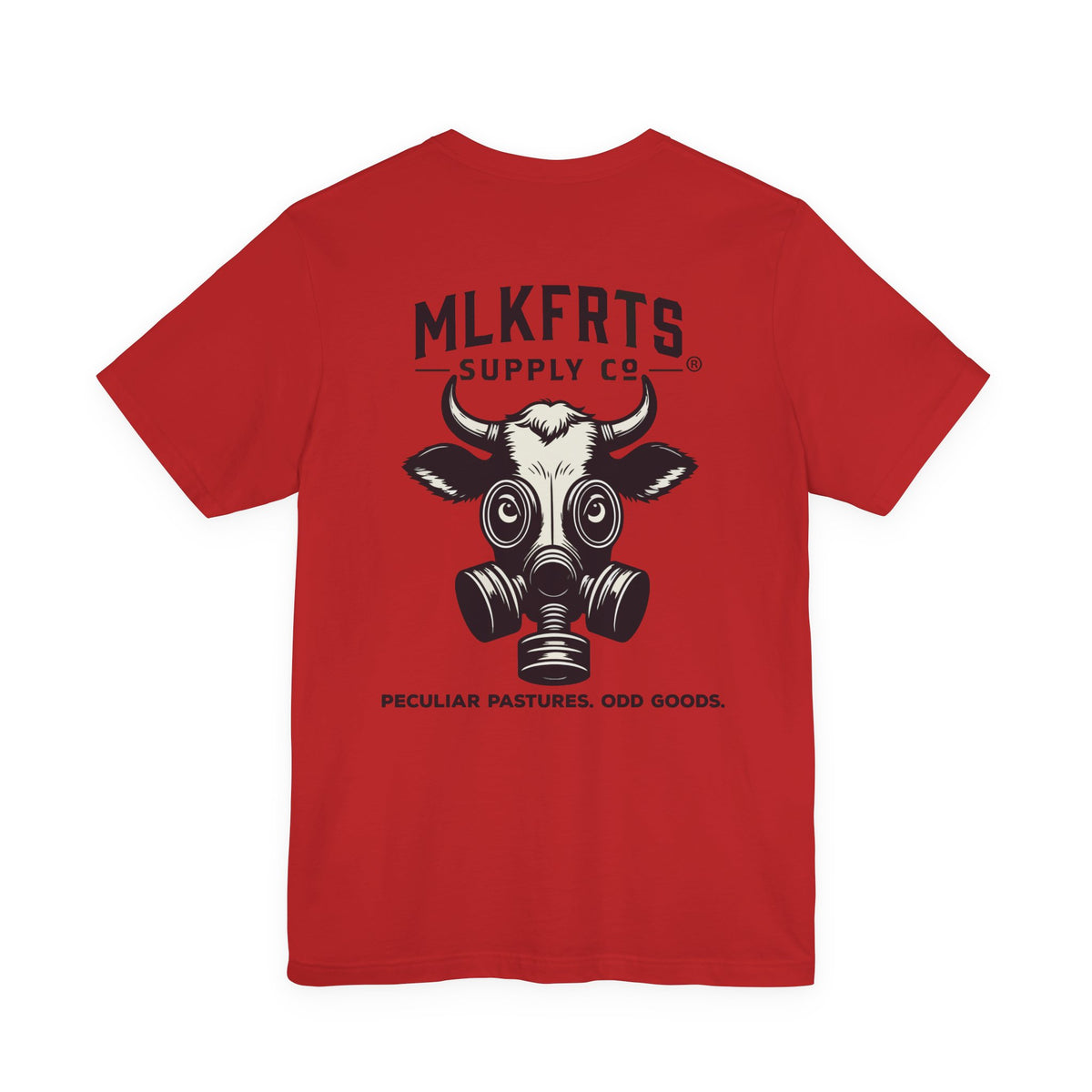 Red t-shirt, back view with a large MLKFRTS Supply Co. gas-mask cow graphic