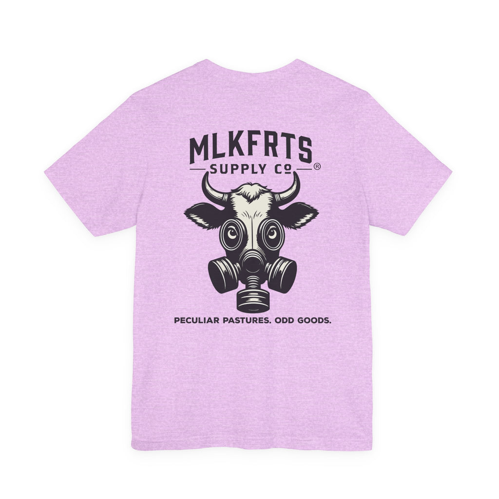 Heather Prism Lilac t-shirt, back view with a large MLKFRTS Supply Co. gas-mask cow graphic
