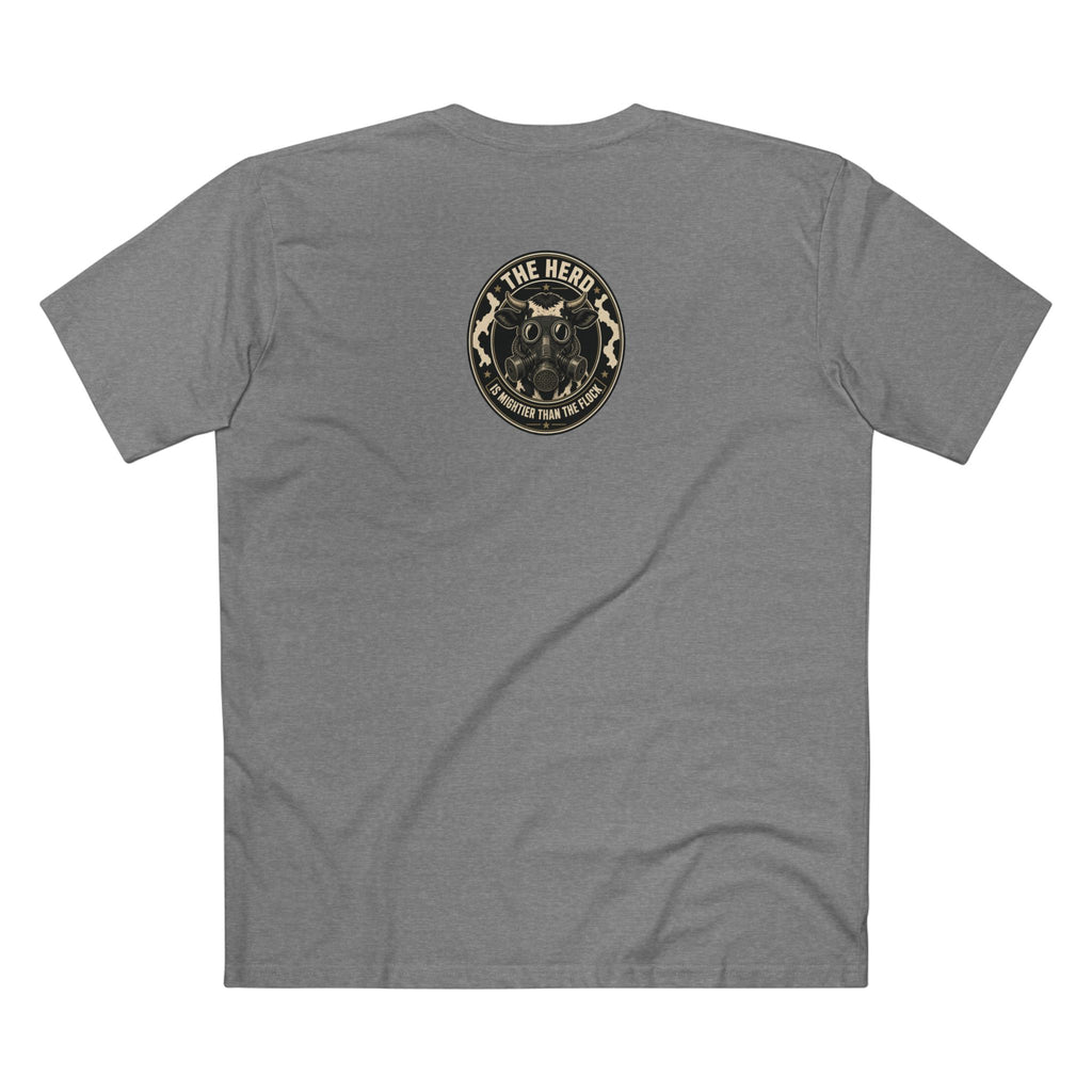 The Hills Have Cams Tee in heather grey, back: The Herd Is Mightier Than the Flock gas-mask cow badge