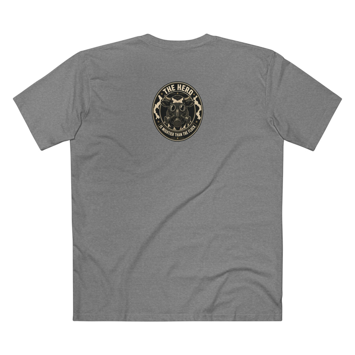 The Hills Have Cams Tee in heather grey, back: The Herd Is Mightier Than the Flock gas-mask cow badge