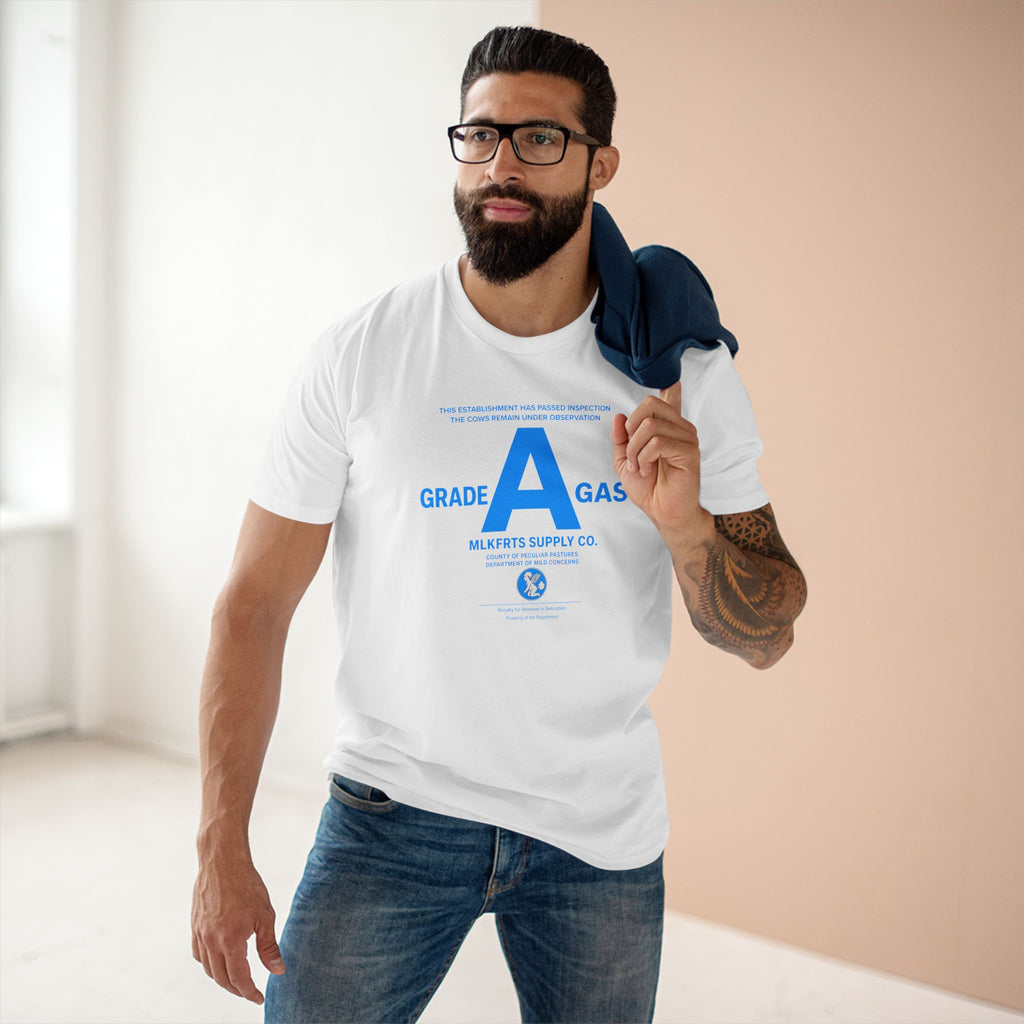 Model wearing the MLKFRTS Grade A Fully Compliant tee in White, front view with the bright 2% blue Grade A compliance notice