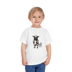 Toddler wearing the Calf of Concern Toddler Tee in White, front view