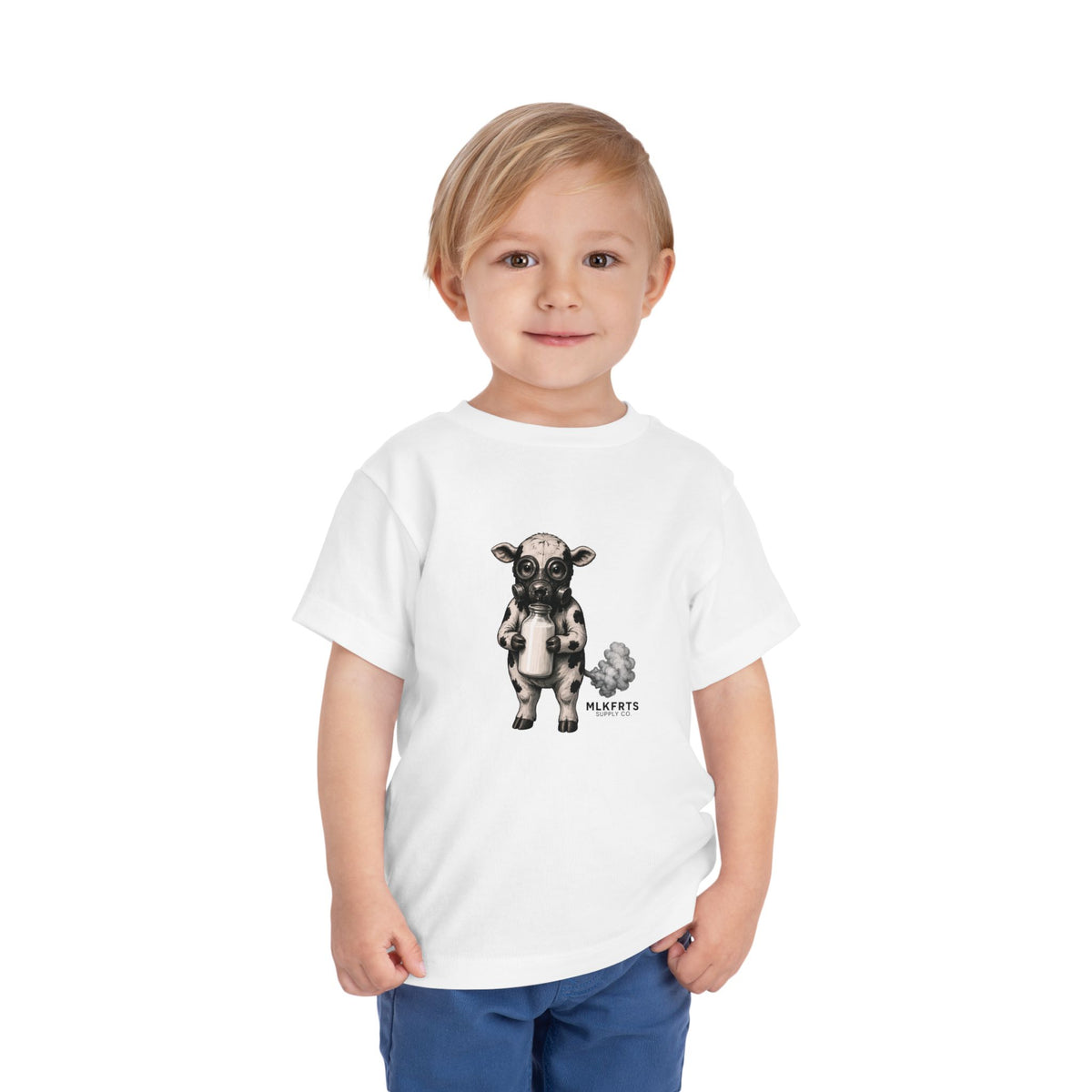 Toddler wearing the Calf of Concern Toddler Tee in White, front view