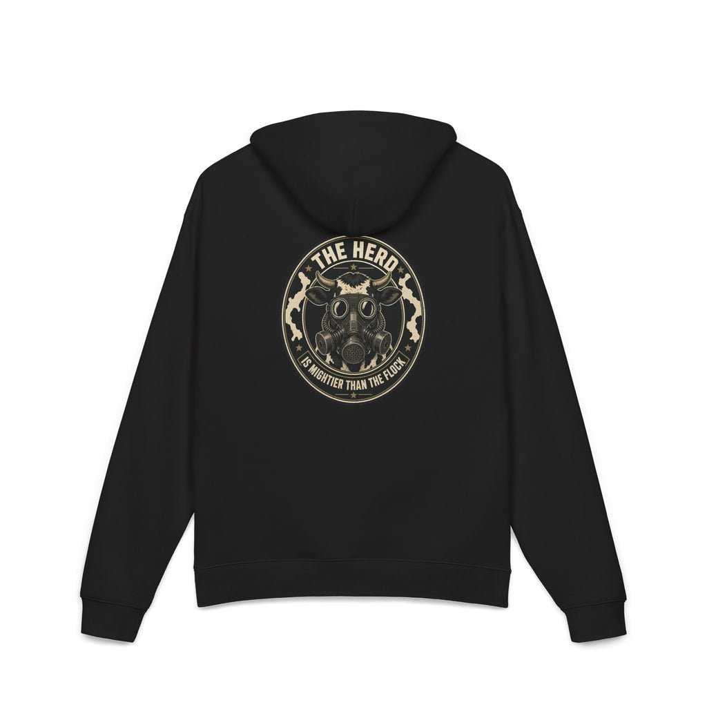 Stampede Hoodie in black, back: large Herd gas-mask cow badge