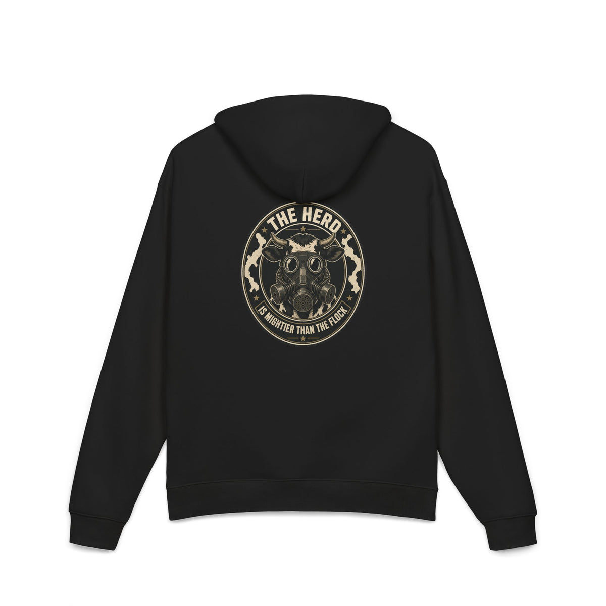 Stampede Hoodie in black, back: large Herd gas-mask cow badge