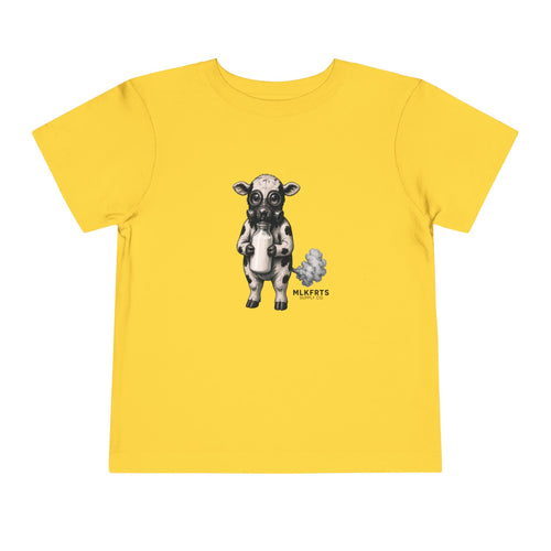 Calf of Concern Toddler Tee in Yellow, front with the Calf of Concern on the chest: a gas-masked spotted calf holding a milk bottle beside a small cloud