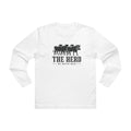 Watch Back Long Sleeve Tee in white, front: four stamped cow silhouettes, the front cow in a gas mask, THE HERD, We Watch Back