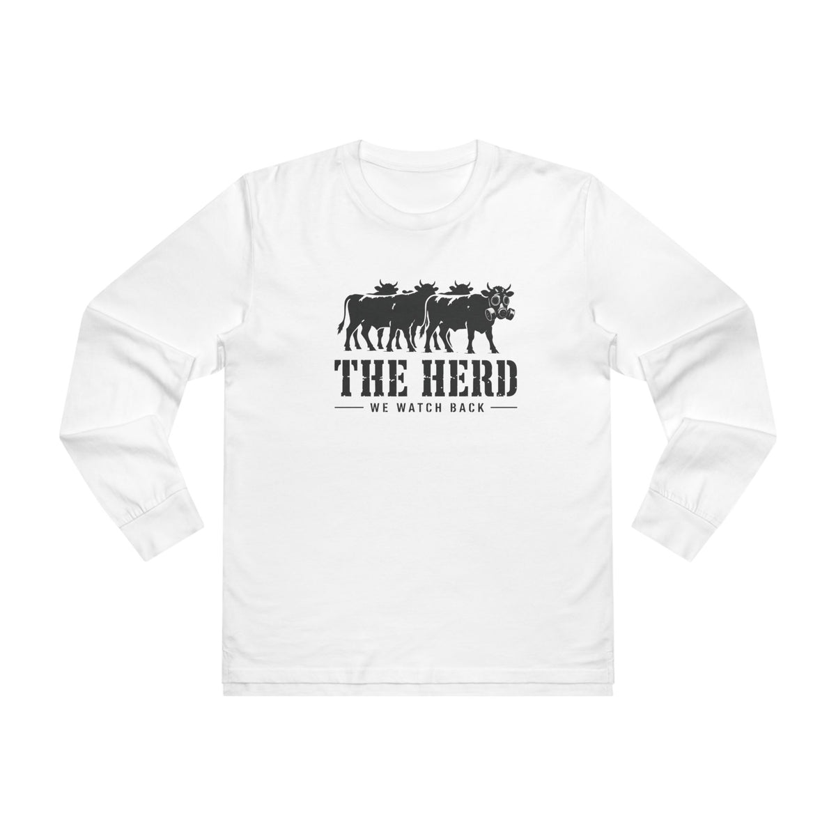 Watch Back Long Sleeve Tee in white, front: four stamped cow silhouettes, the front cow in a gas mask, THE HERD, We Watch Back