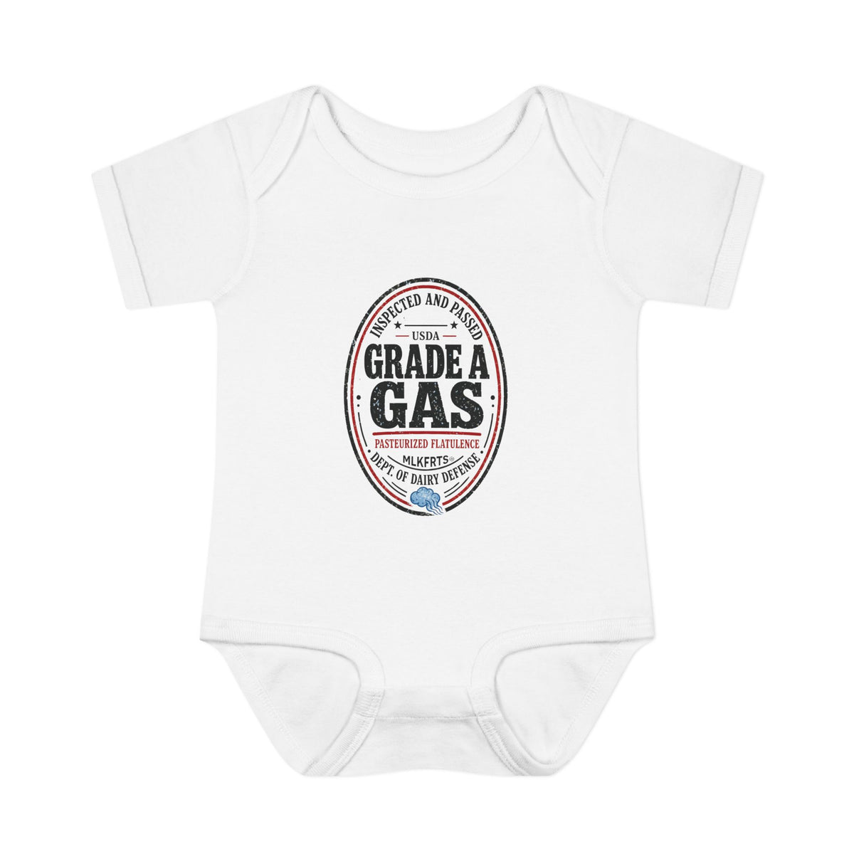 White baby bodysuit with an oval "Grade A Gas" inspection-seal print, front view