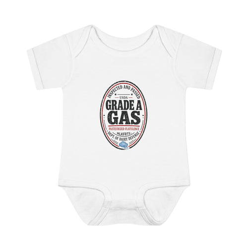 White baby bodysuit with an oval "Grade A Gas" inspection-seal print, front view