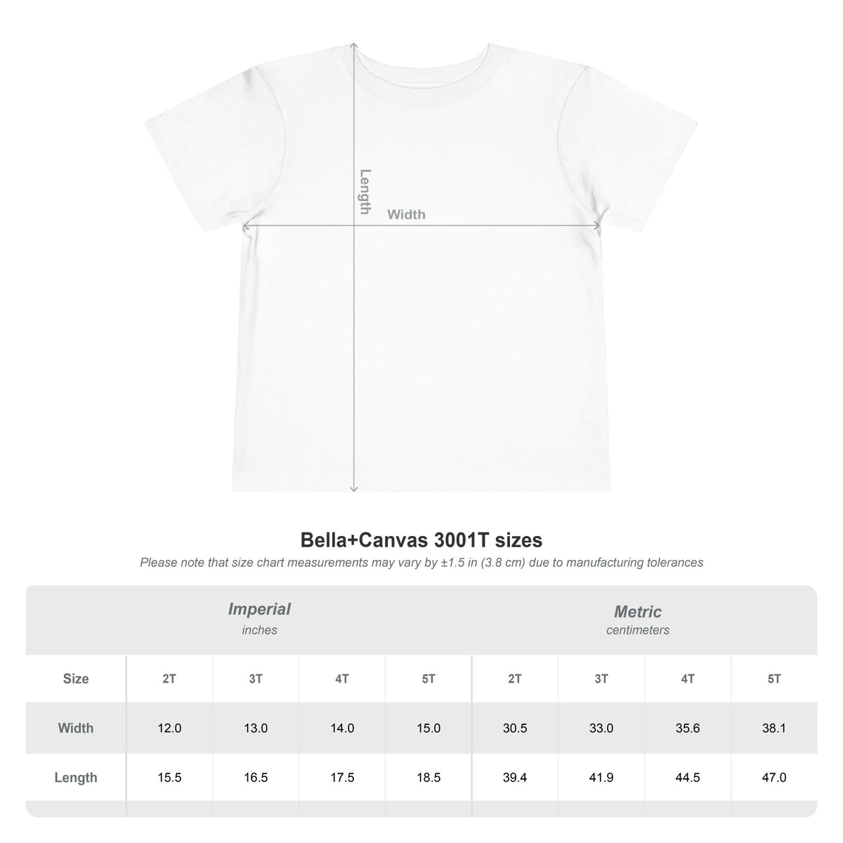 Bella+Canvas 3001T toddler tee size chart, 2T to 5T width and length