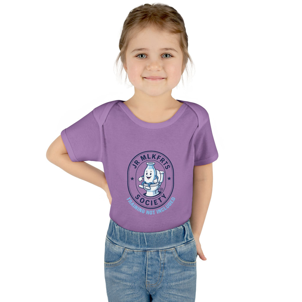 Baby wearing the Lavender baby bodysuit with a round Jr. MLKFRTS Society badge print with a cartoon milk bottle