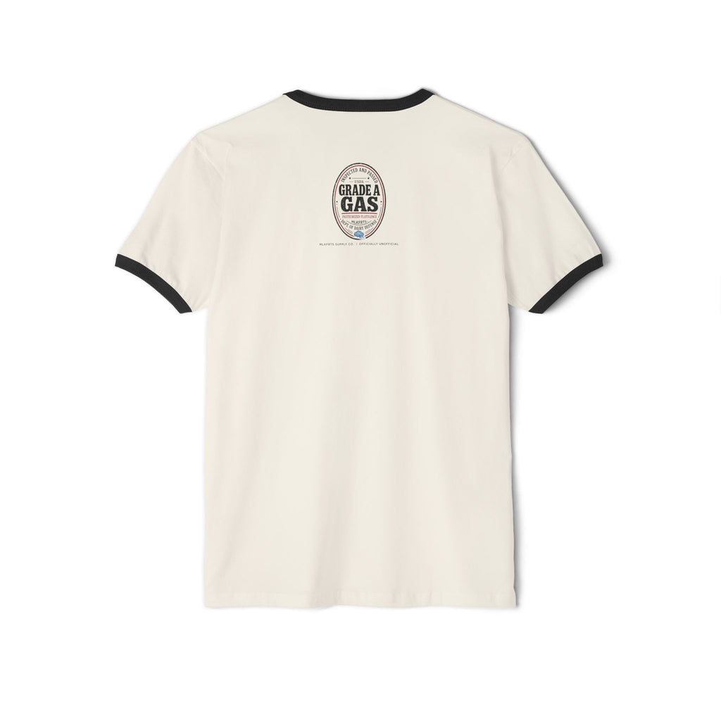 Natural/Black ringer tee, back view with a small oval seal on the upper back