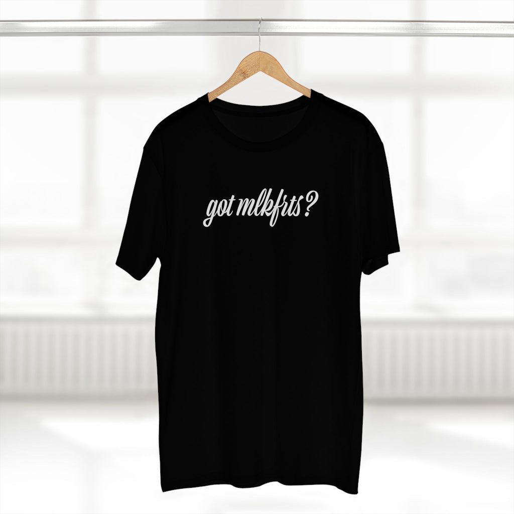 got mlkfrts? Flatus Eruptus Tee in Black on a hanger, got mlkfrts? script on the front