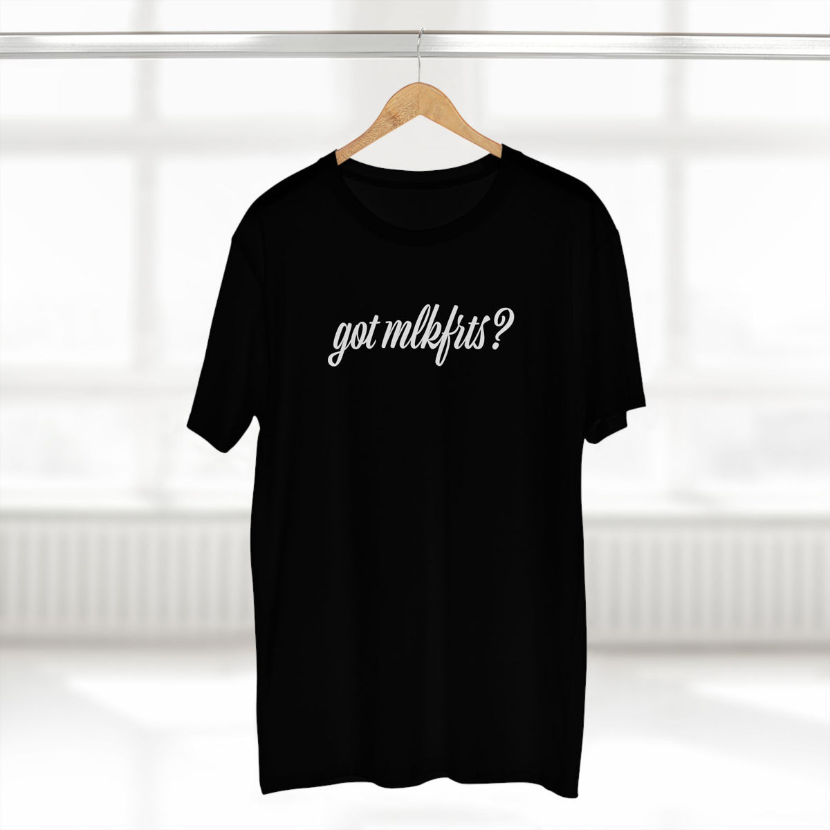 got mlkfrts? Flatus Eruptus Tee in Black on a hanger, got mlkfrts? script on the front