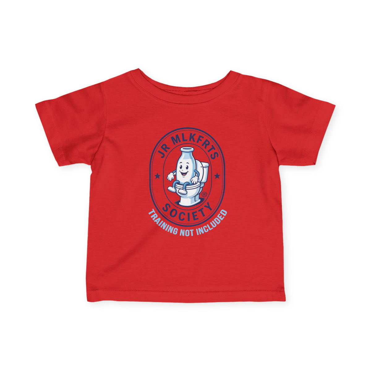 Red infant tee with a round Jr. MLKFRTS Society badge print with a cartoon milk bottle, front view