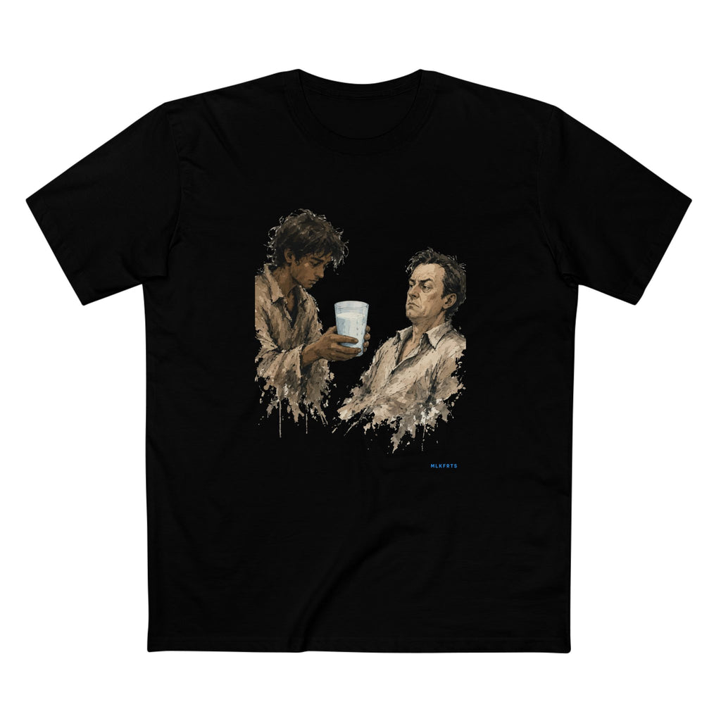 The Refusal Tee in Black, front: painterly art of a young man offering a glass of milk to an older man who looks away