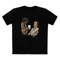 The Refusal Tee in Black, front: painterly art of a young man offering a glass of milk to an older man who looks away