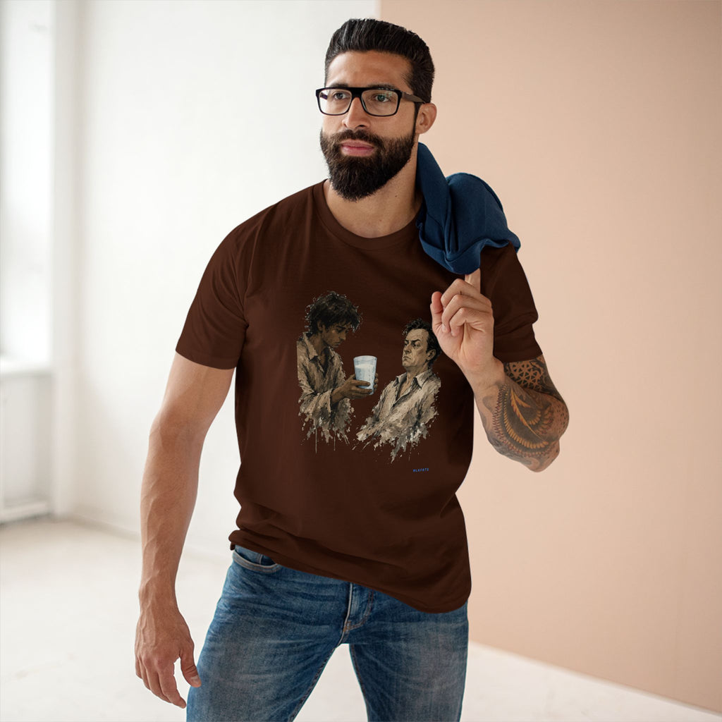 Model wearing the The Refusal Tee in Dark Chocolate, painterly milk-offering art across the front
