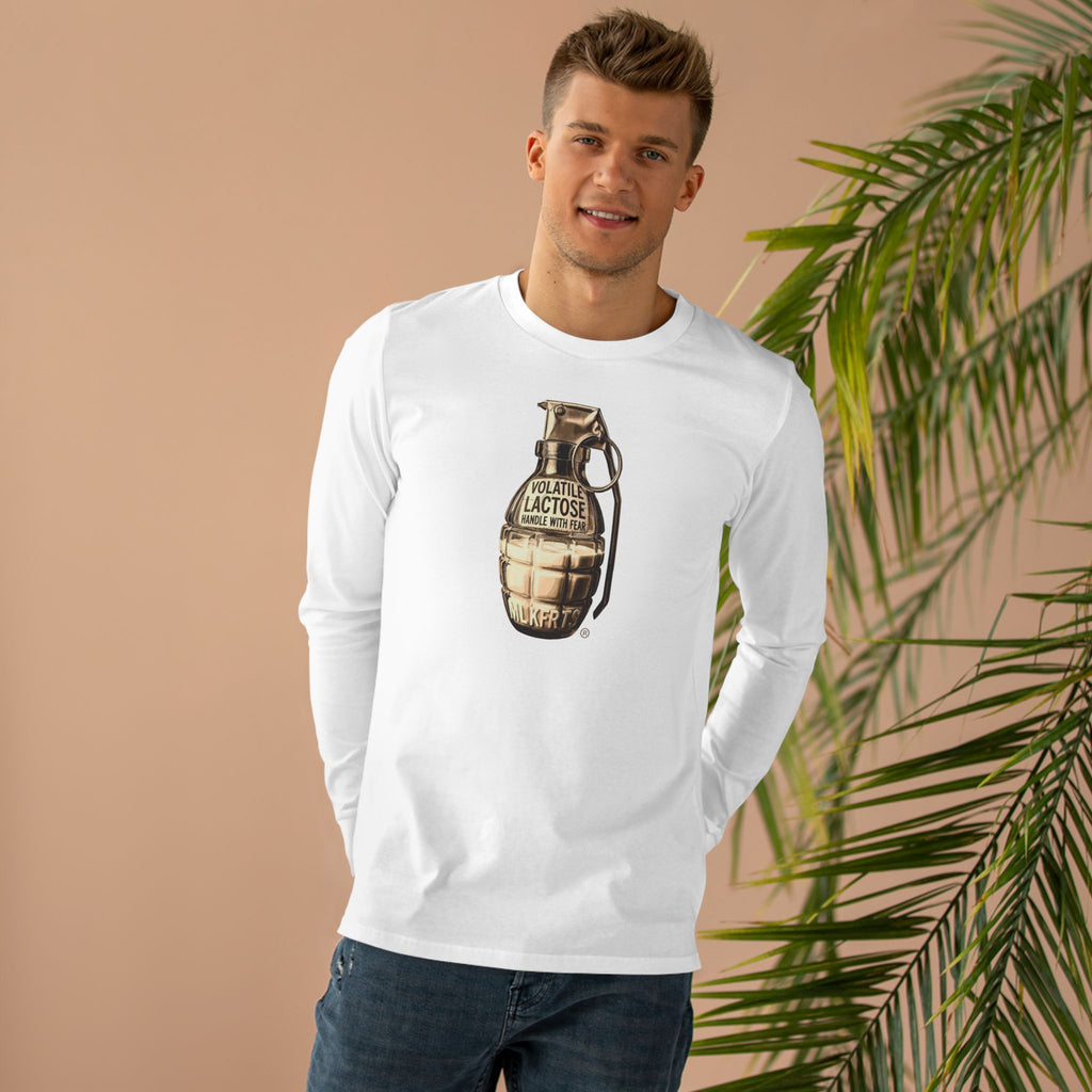 MLKFRTS Volatile Lactose Long Sleeve Tee in white, model wearing it, front view showing the Volatile Lactose grenade graphic