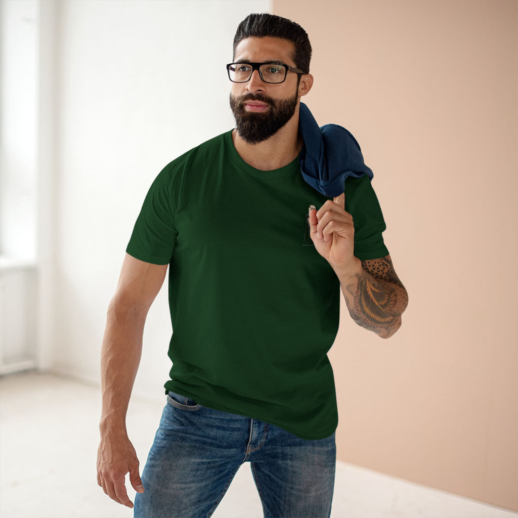 Man wearing the Stay Upwind Tee in forest green, front: small left-chest elephant