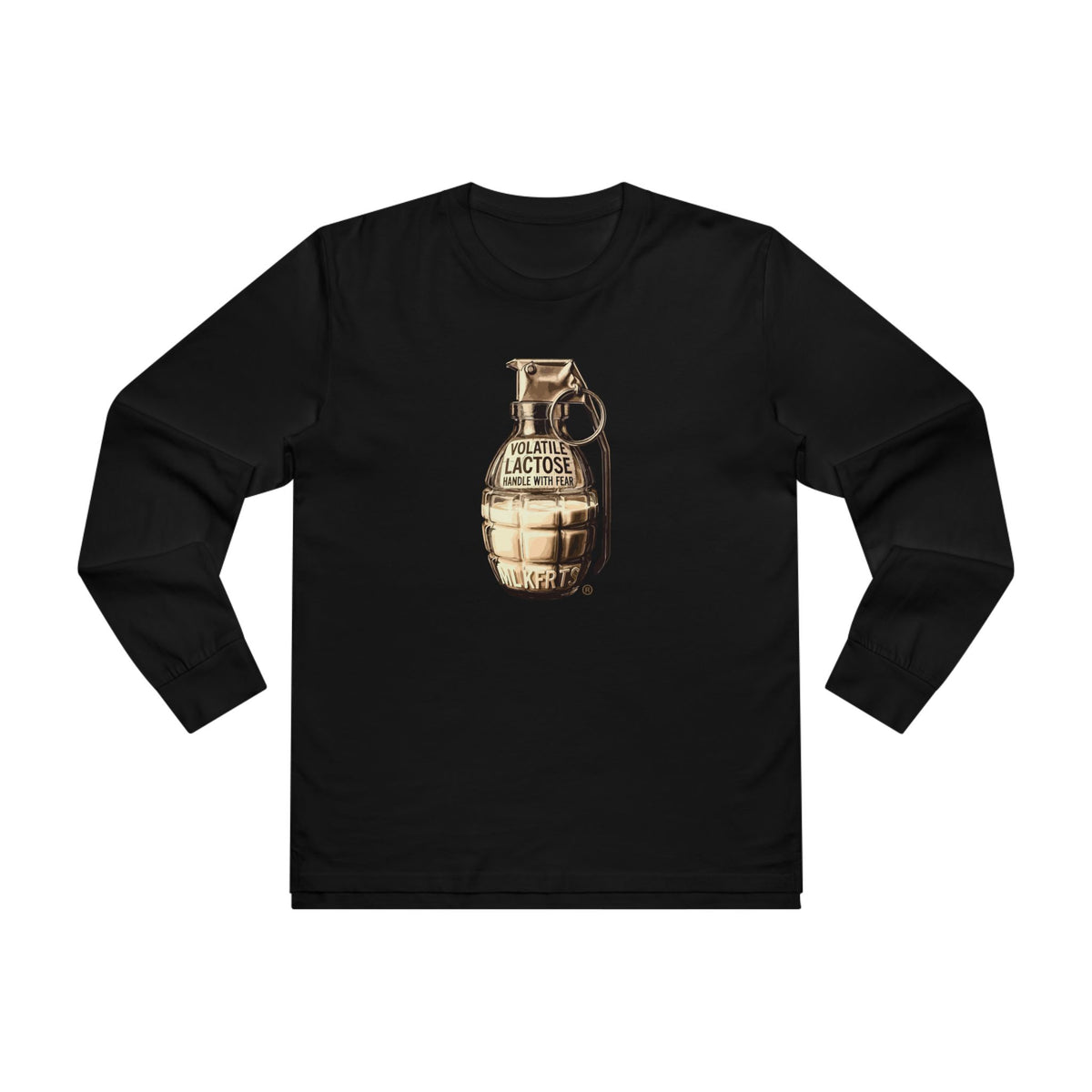 MLKFRTS Volatile Lactose Long Sleeve Tee in black, front view showing the Volatile Lactose grenade graphic