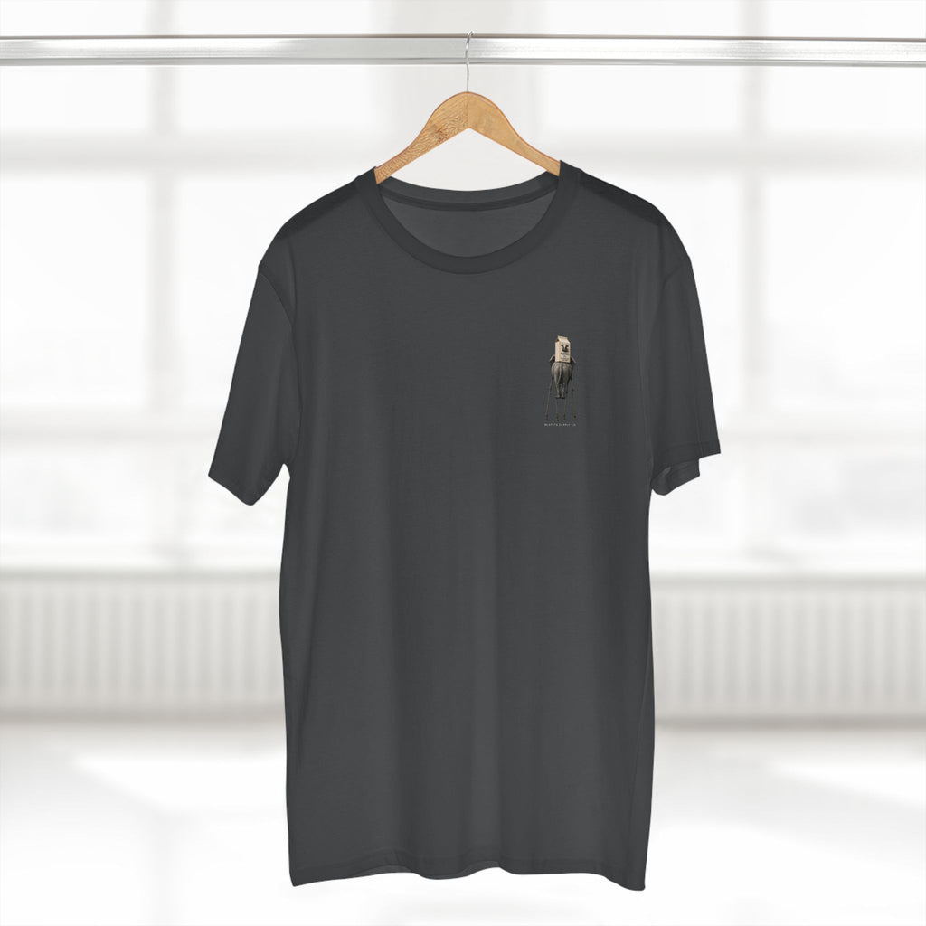 Stay Upwind Tee in charcoal on a hanger, front: small left-chest elephant