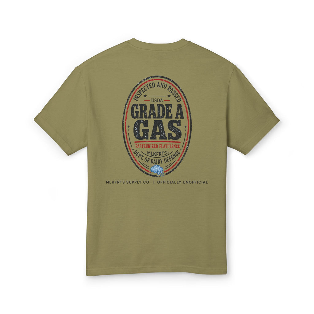 Faded Army garment-dyed t-shirt, back view with a large oval "Grade A Gas" seal