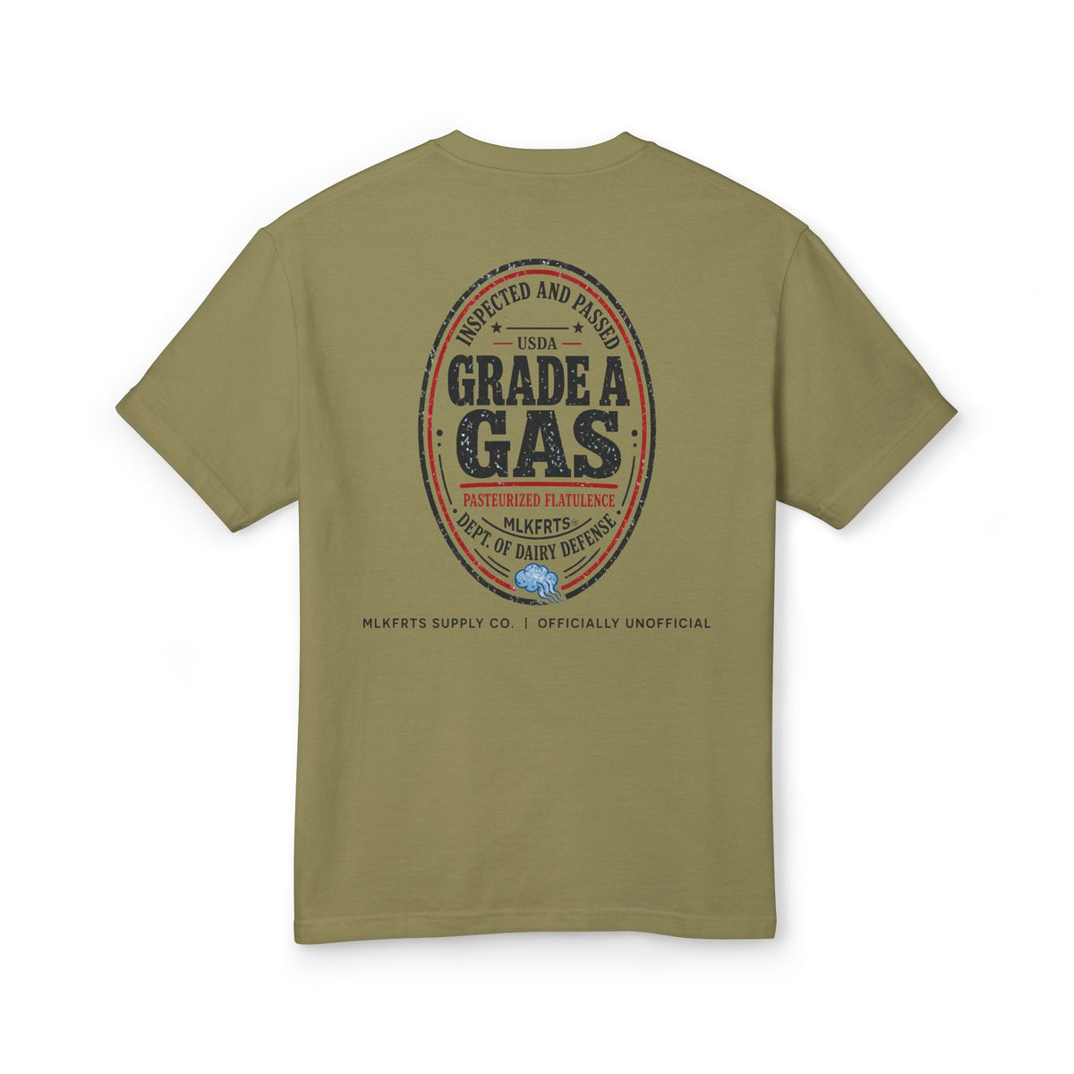 Faded Army garment-dyed t-shirt, back view with a large oval "Grade A Gas" seal