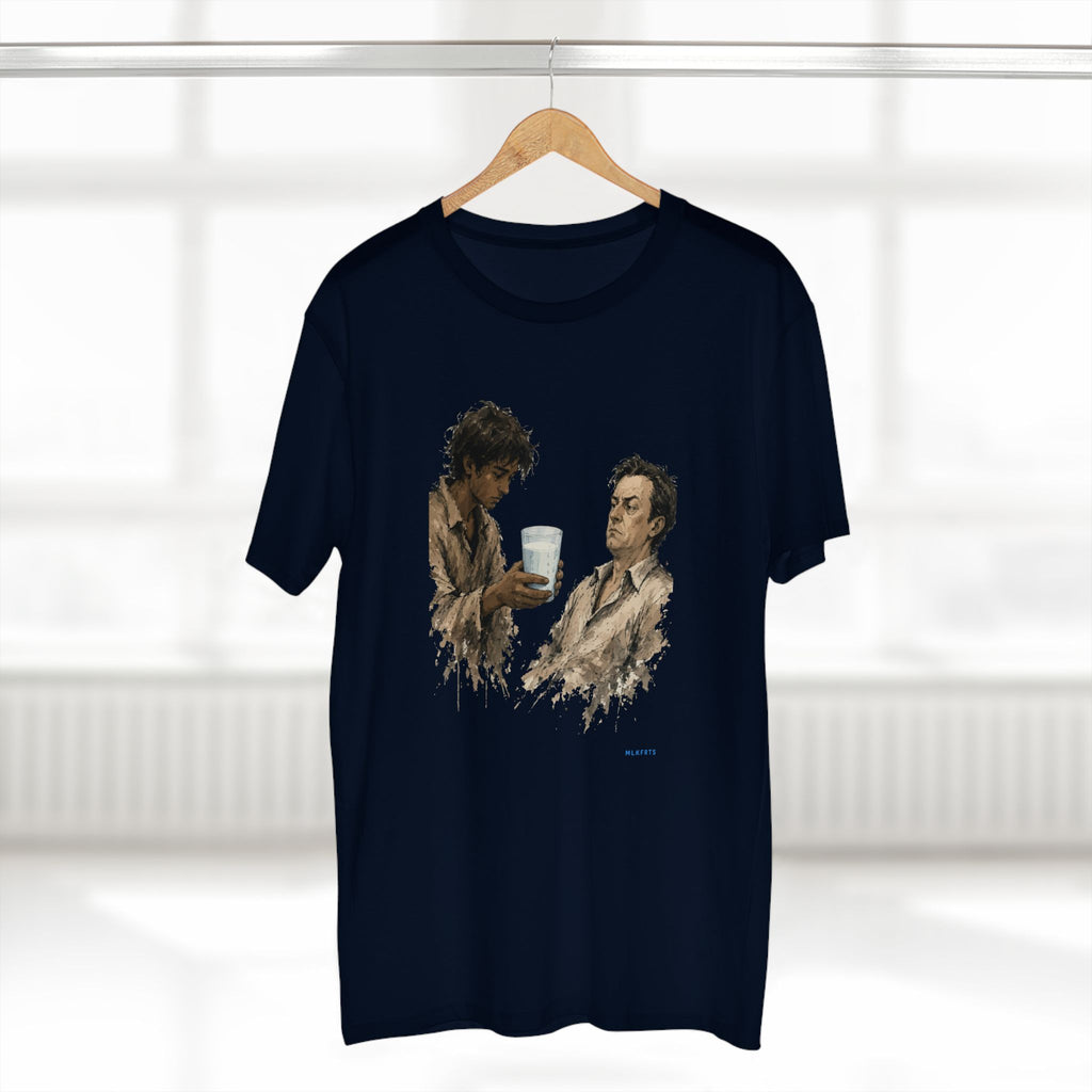The Refusal Tee in Navy on a hanger, close-up of the painterly front art