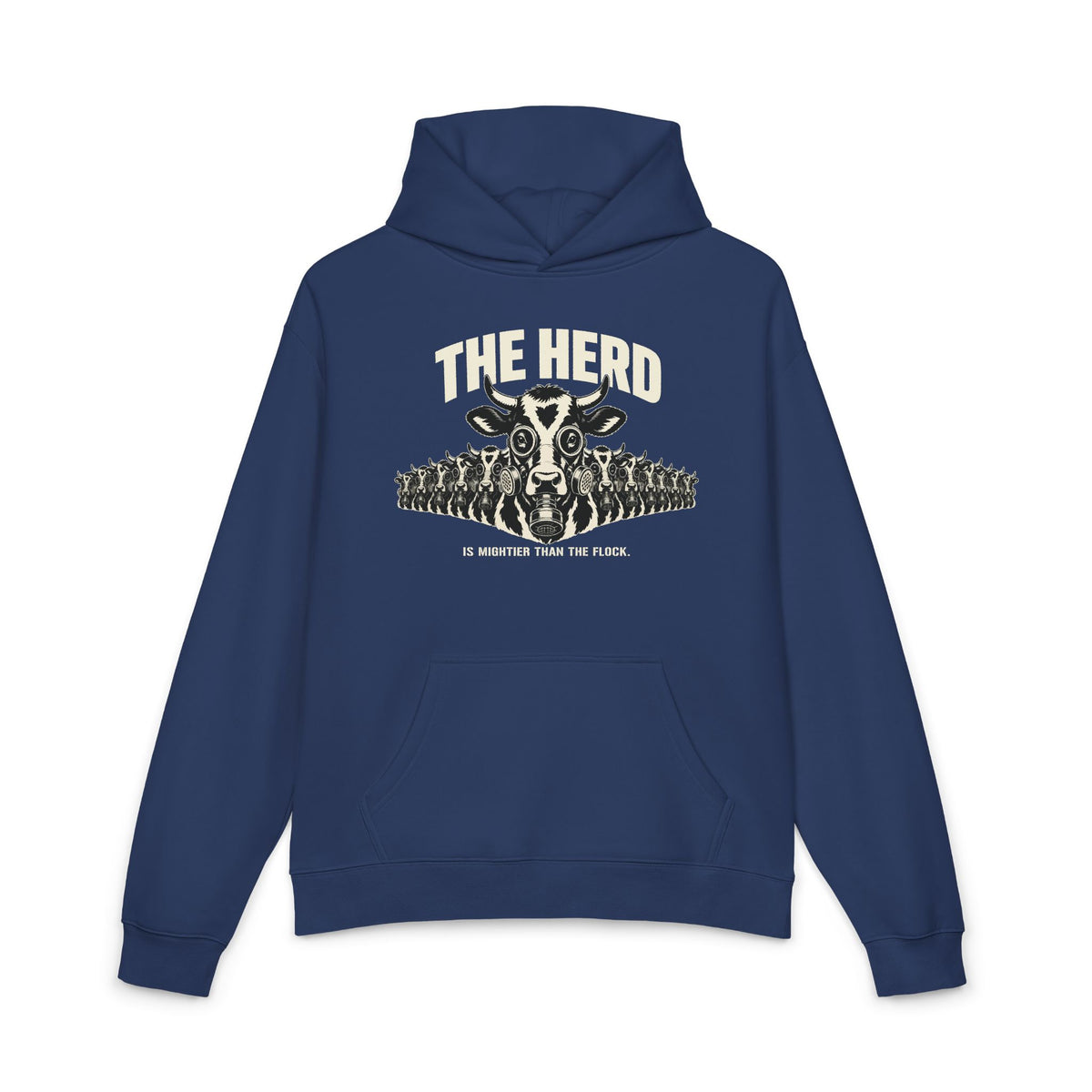 Stampede Hoodie in cobalt, front: lead gas-mask cow with ranks of masked Holsteins, THE HERD above, Is Mightier Than the Flock below