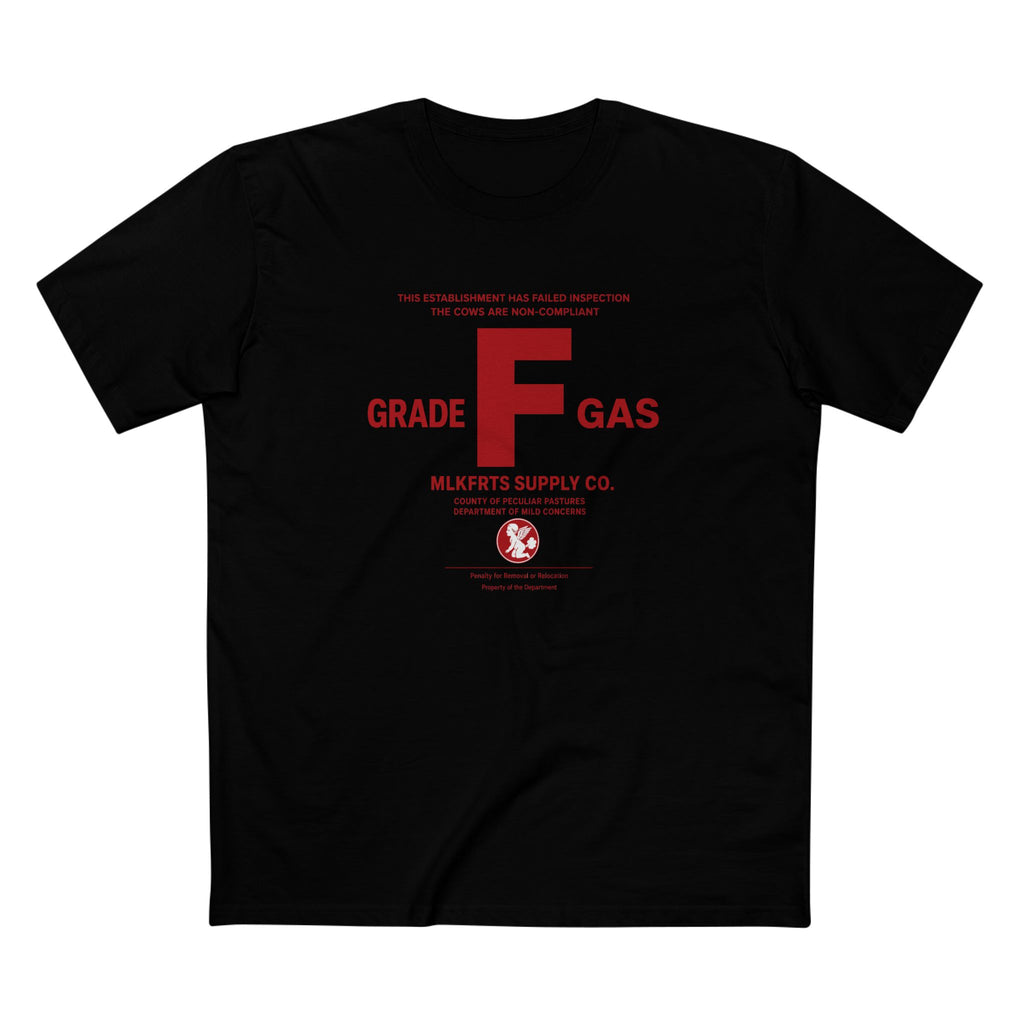 MLKFRTS Grade F Notice of Non-Compliance tee in Black, front view with the red Grade F notice of non-compliance
