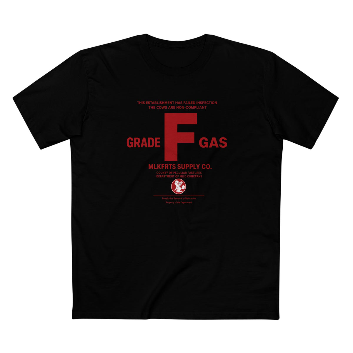 MLKFRTS Grade F Notice of Non-Compliance tee in Black, front view with the red Grade F notice of non-compliance