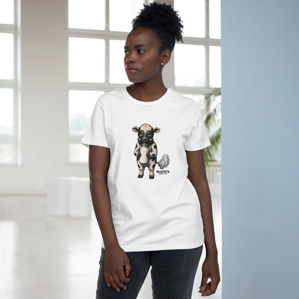 Model wearing the White women's tee with the Calf of Concern on the front