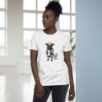 Model wearing the White women's tee with the Calf of Concern on the front
