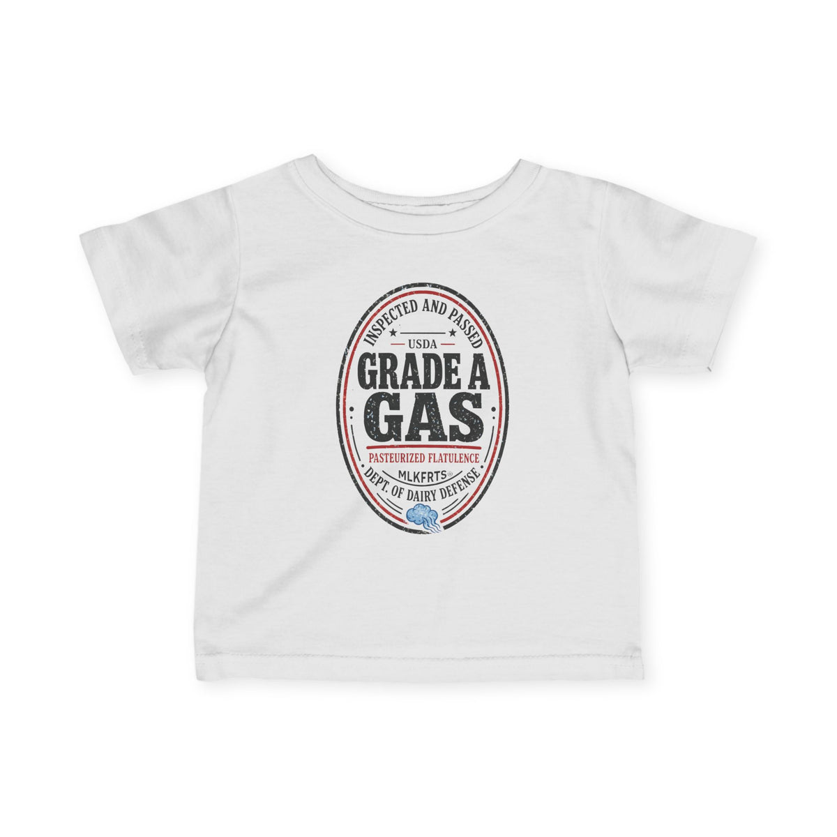 White infant tee with an oval "Grade A Gas" seal print, front view