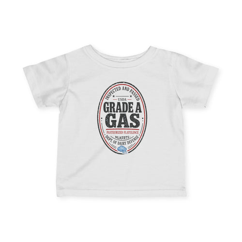 White infant tee with an oval "Grade A Gas" seal print, front view