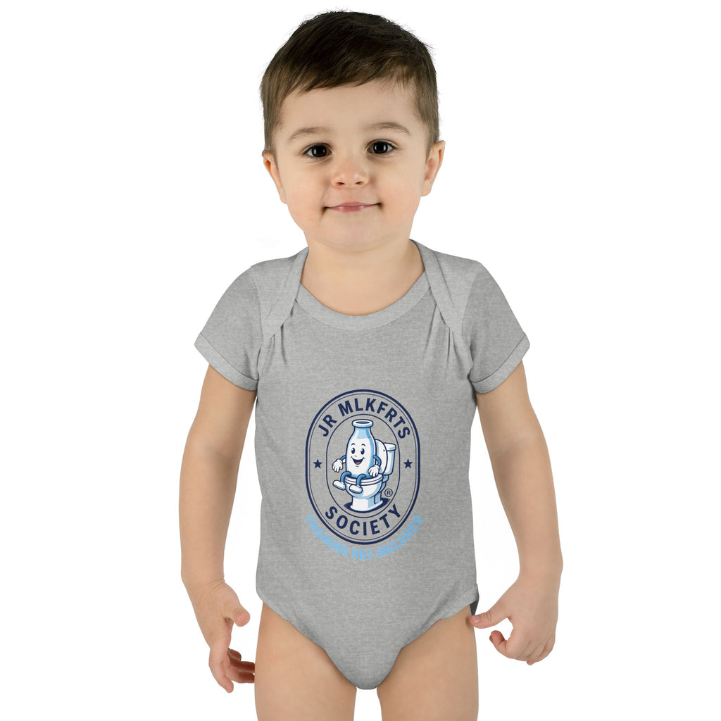 Baby wearing the Heather baby bodysuit with a round Jr. MLKFRTS Society badge print with a cartoon milk bottle