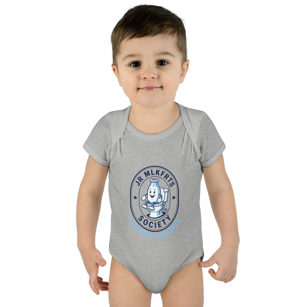 Baby wearing the Heather baby bodysuit with a round Jr. MLKFRTS Society badge print with a cartoon milk bottle