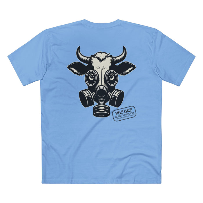 MLKFRTS Field Issue gas mask cow tee in Carolina Blue, back view with the full cow head and Field Issue stamp