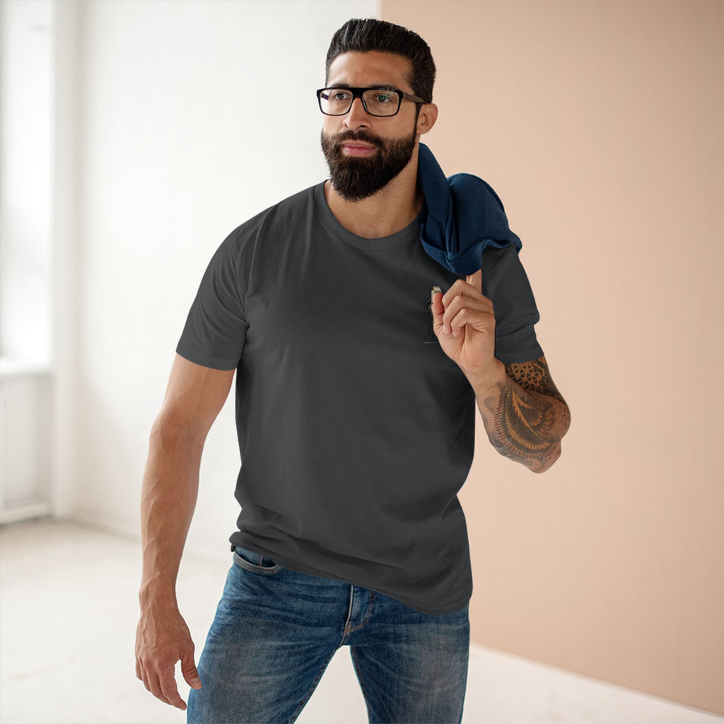 Man wearing the Stay Upwind Tee in charcoal, front: small left-chest elephant