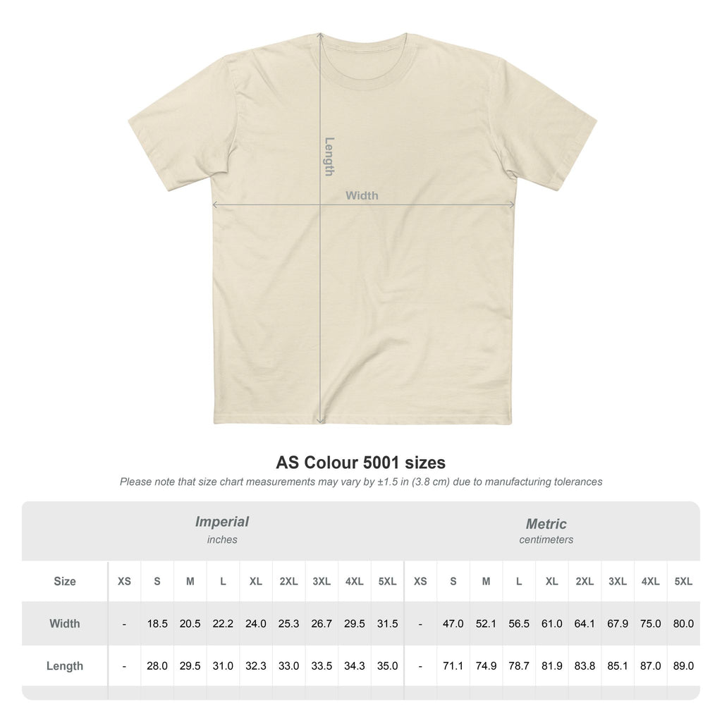 AS Colour Staple Tee 5001 size chart, width and length by size
